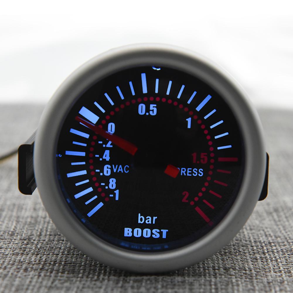 Universal 12V Auto Car 52mm Smoke Len Pointer Boost Gauge -1~0~2 BAR Turbo Boost Meter White LED PSI Turbo Pressure Gauge