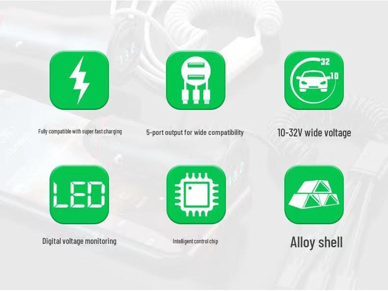 65W Dual USB Car Charger with QC3.0 Fast Charging, Multi-Function Digital Display, and One-to-Three Splitter