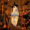 Playful Ghost Face Decoration Halloween Hanging Outdoor Decoration, Spooky LED Light Up Witch Warm Yellow Decor on Broom for Home, Tree, Porch, Patio,