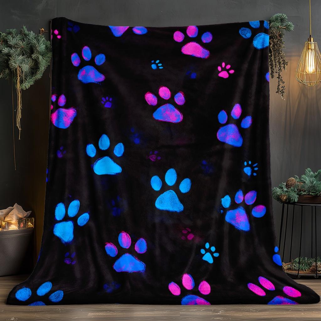 Neon Glow-in-the-Dark Paw Print Blanket | Soft Flannel All-Season Lightweight Throw for Bed, Sofa, Travel, Mixed Color, Contemporary Style W
