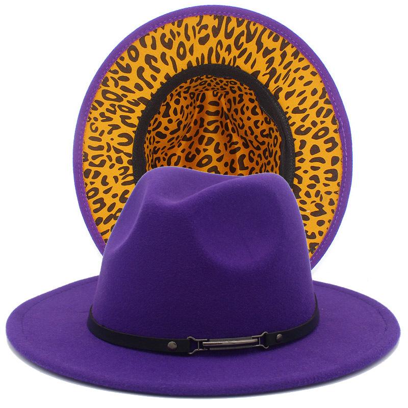 Fashion leopard print belt flat brim top hat autumn and winter British men and women double-sided color matching ethnic style jazz hat Wish