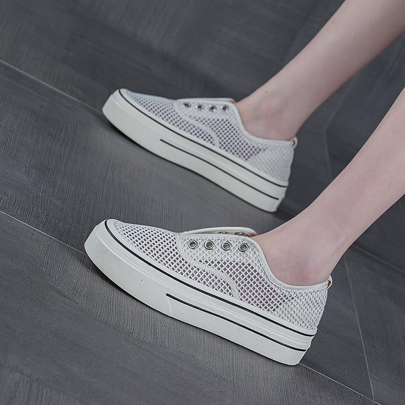 

спортивная обувь на толстой подошве из сетки, женская летняя новая полая дышащая сетчатая обувь, универсальные повседневные лоферы, белая обувь 35