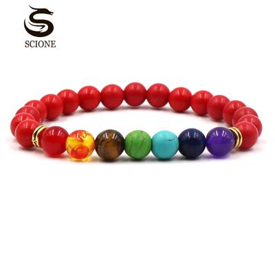 8 mm schwarzer Lava-Tigeraugenstein, buntes Chakra-Yoga-Stretch-Armband für Männer und Frauen