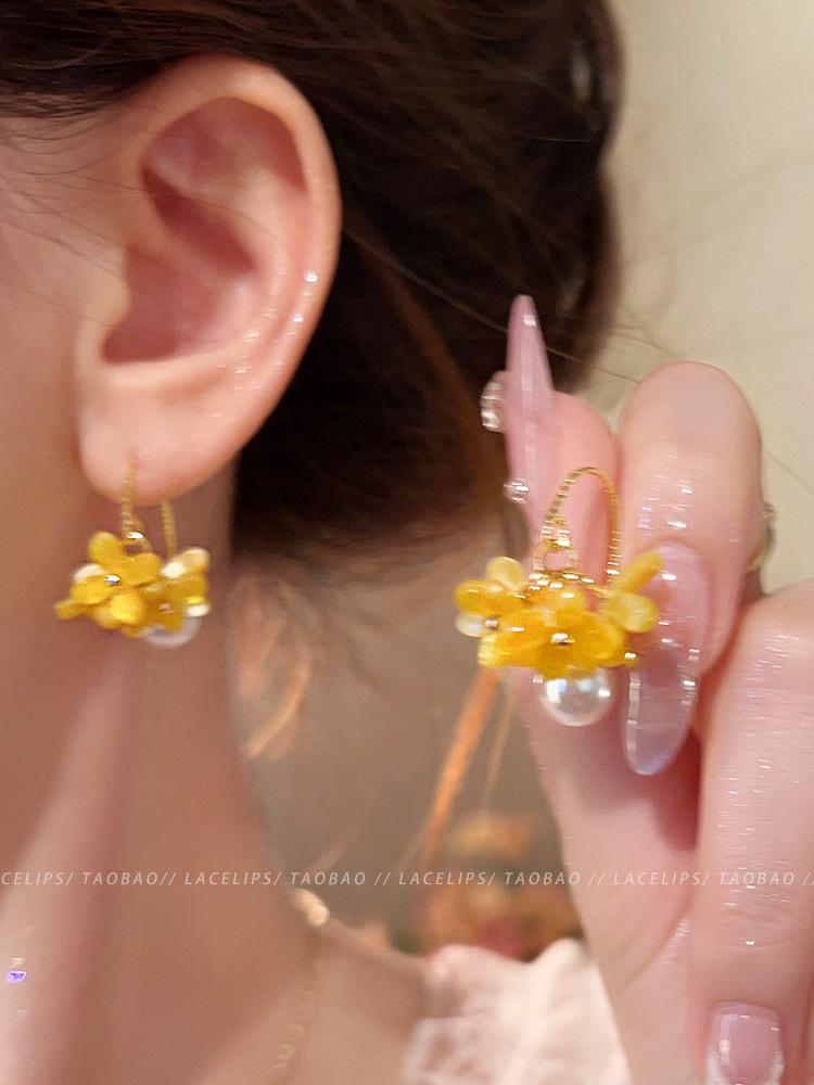 Super fairy osmanthus fringed pearl earrings women s new stud earrings spring atmosphere earrings