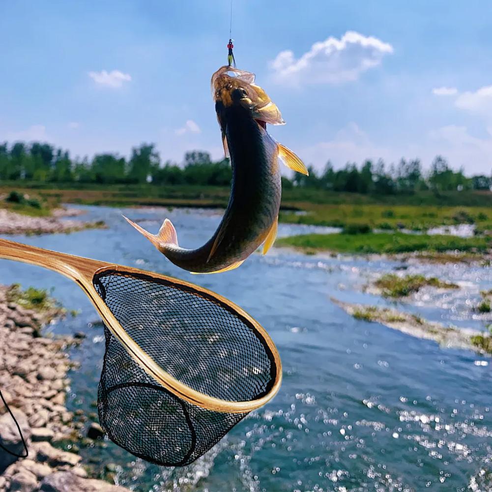 Wooden Handle Trout Net Soft Rubber Mesh Catch and Release Net Floating Fishing Net Outdoor Fishing Accessories