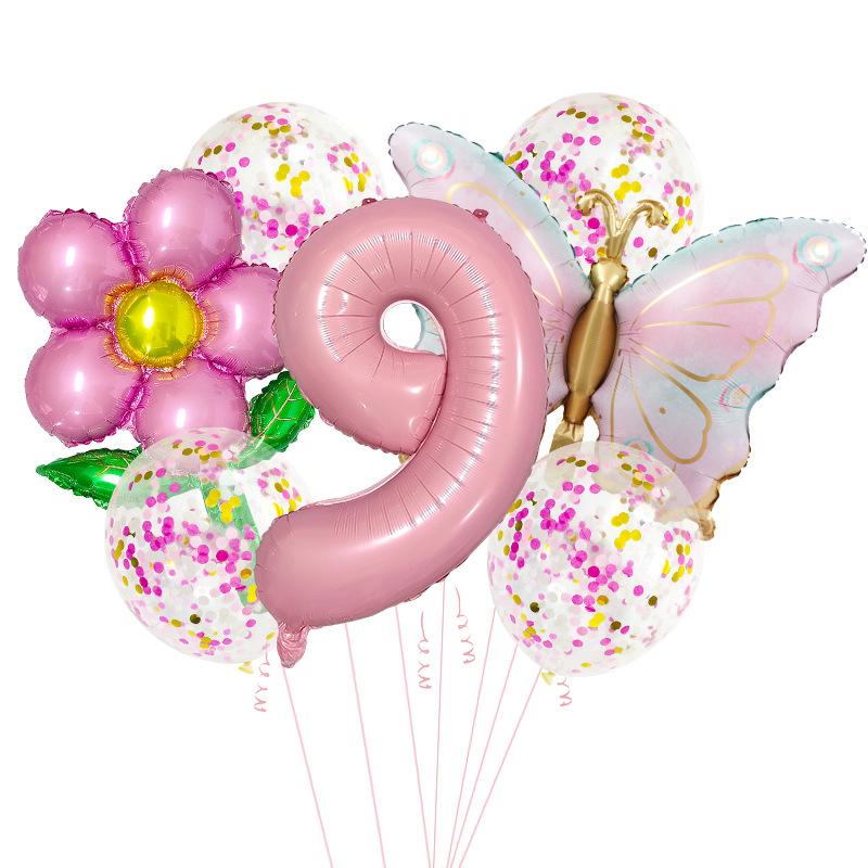 1set Pink Butterfly Flower Transparent Sequin Balloon 32inch Number 1-9 Set Birthday Party Baby Shower Wedding Decoration