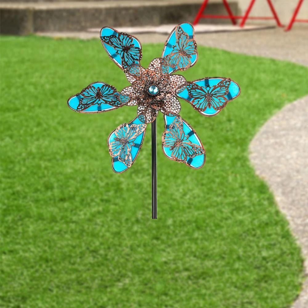 Luminous Effect Windmill Spinner Sculpture Metal Flower Pinwheel Wind Rotator  Lawn