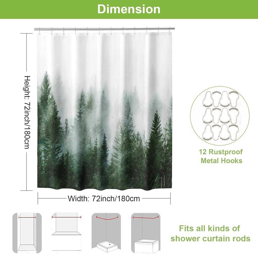 Green Shower Curtain for Bathroom Misty Forest Pattern, Nature Woodland Artistic Shower Curtain Set with Metal Hooks, Waterproof