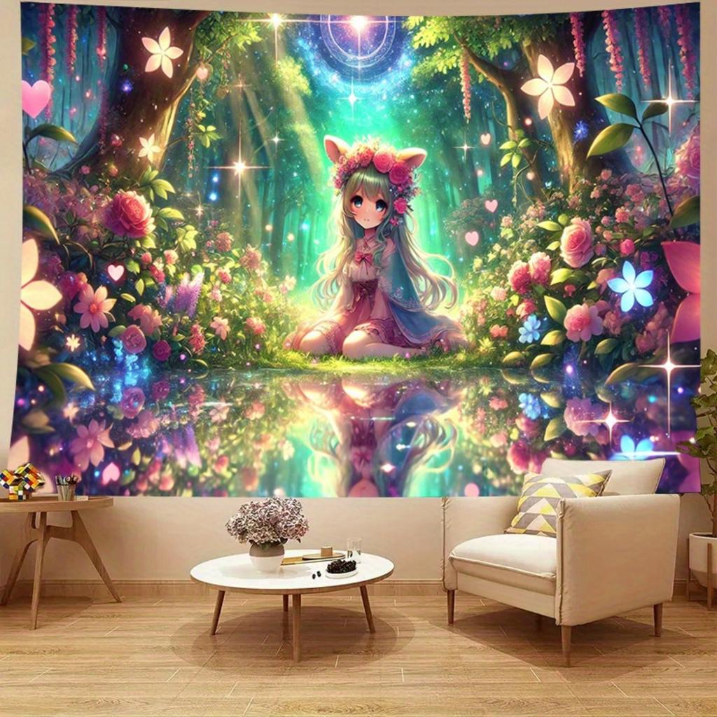 Fantasy Magischer Wald Katzenohren Mädchen Wandteppich Wald Märchenstil Wandbehang Stoff Raumdekoration Heimdekoration