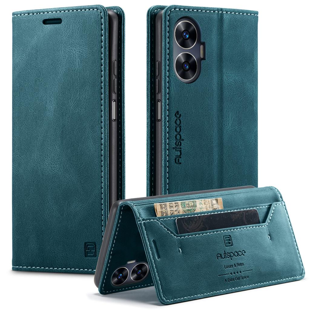 Pro Realme C55 4G Peněženkové pouzdro AUTSPACE A01 Kožený stojánek s držitelem karet s RFID blokováním