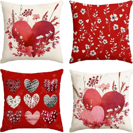AVOIN colorlife Valentine's Day Love Heart Red Throw Pillow Covers, 18 x 18 Inch Flowers Leaves Anniversary Wedding Cushion Case Decoration for Sofa