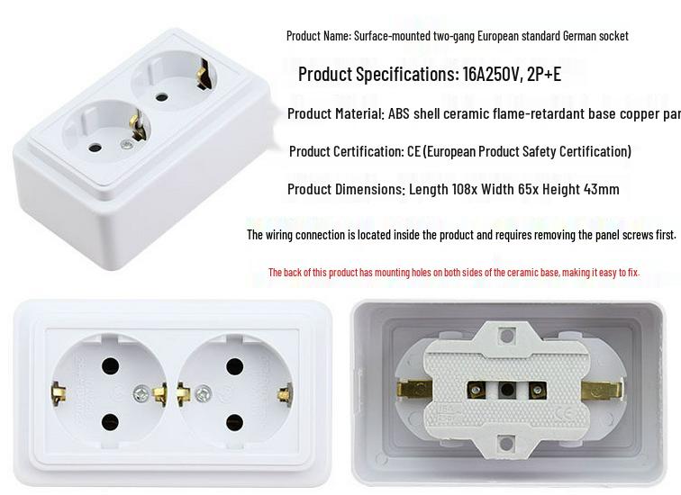 European Double Wall Socket, 16A German Standard, Two-Gang Surface-Mounted
