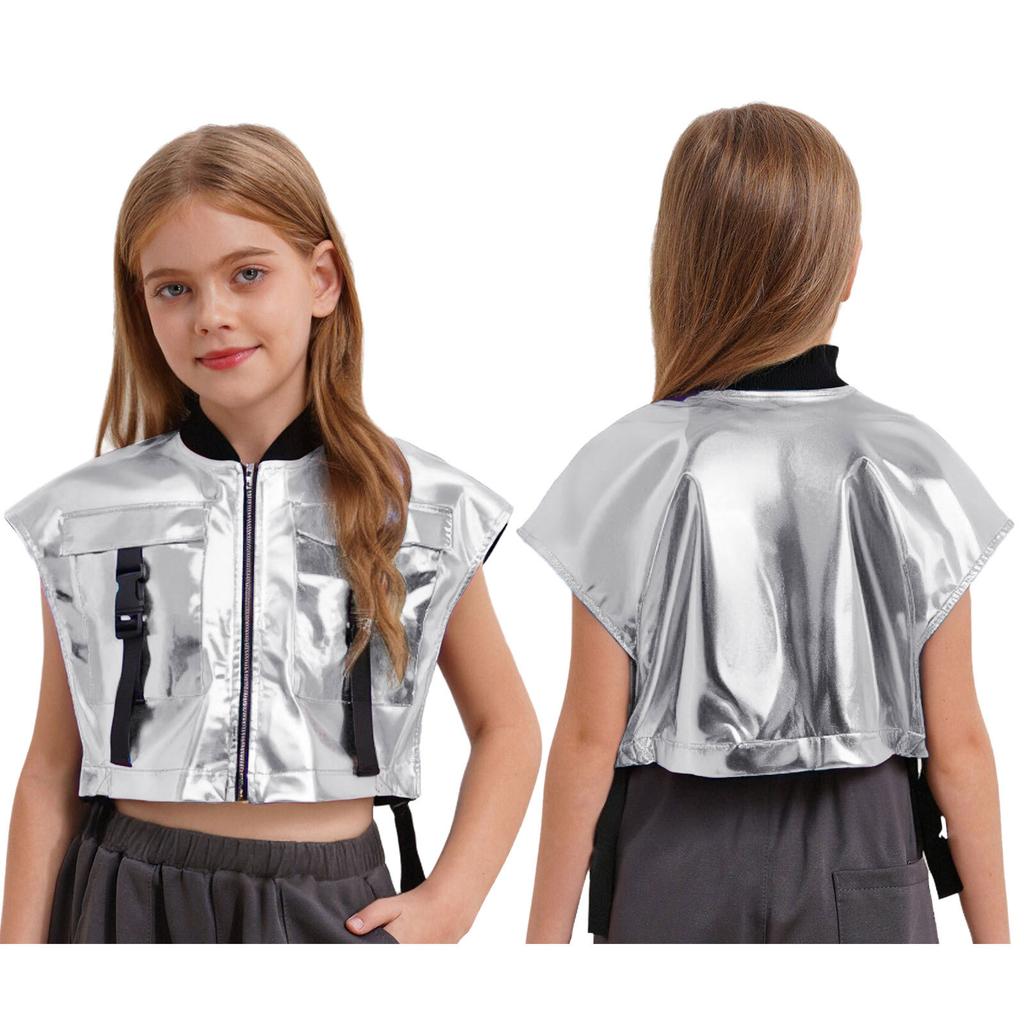 Chaleco de Jazz para Escenario para Niñas: Chaqueta Metálica con Aberturas Laterales, Bolsillos con Cremallera y Hebilla, Top de Rendimiento sin Mangas