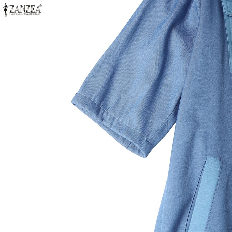 ZANZEA Women Casual Turn Down Collar Short Sleeve Patchwork Long Shirt Dress