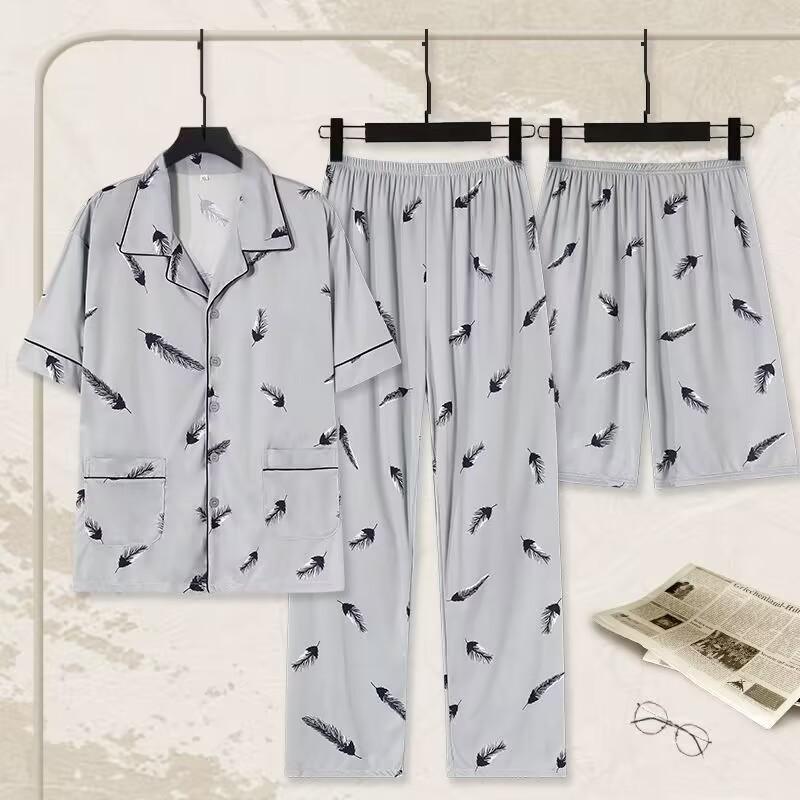 Pigiama da Uomo Abbigliamento da Casa Tre Pezzi Cotone da Uomo Primavera e Estate Maniche Corte Pantaloncini Pigiama Leggero Set Abbigliamento da Casa