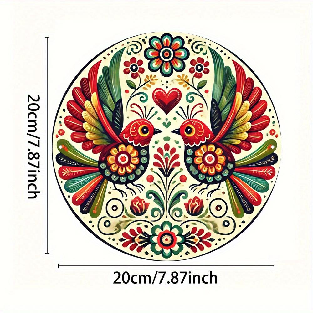D Flat Vibrant Mexican Talavera Style Two Red Birds with Floral Patterns Heart Retro Round Metal Tin Sign Mexican Folk Ar 20x20cm(8x8inch)