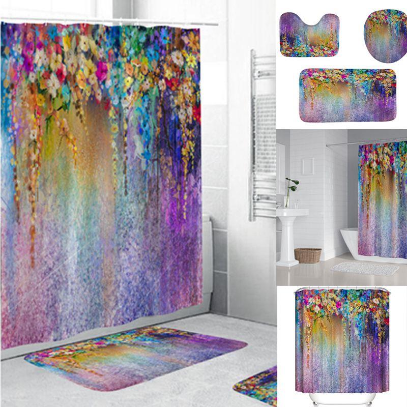 Waterproof Printed 3d Purple Flowers Waterproof Shower Curtains With Set Hooks