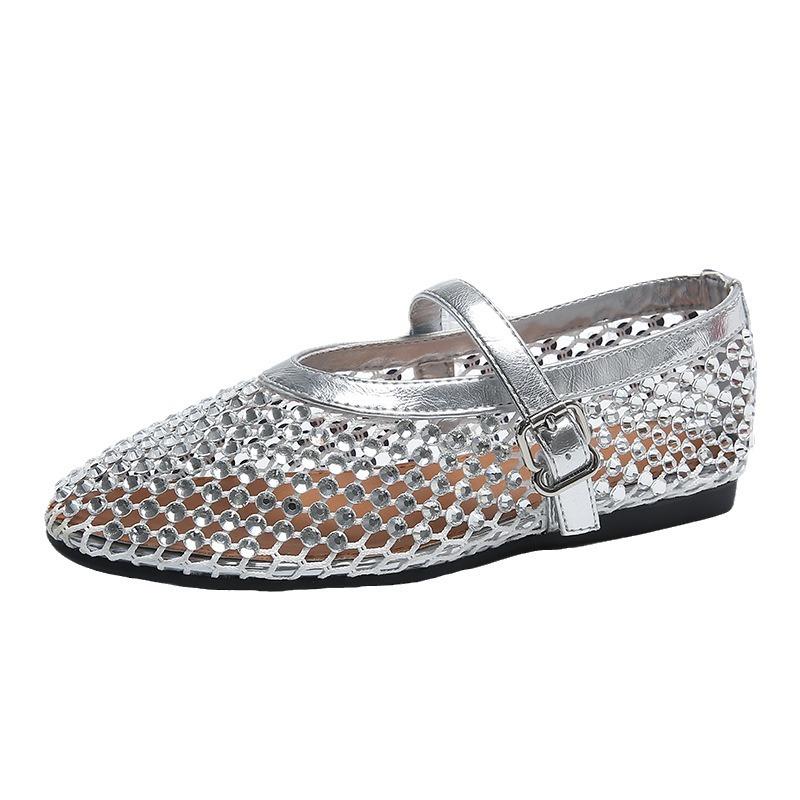 Hollow and breathable full diamond Mary Jane shoes for women's 2025 summer new temperament French flat soft sole with skirt light mouth single shoes