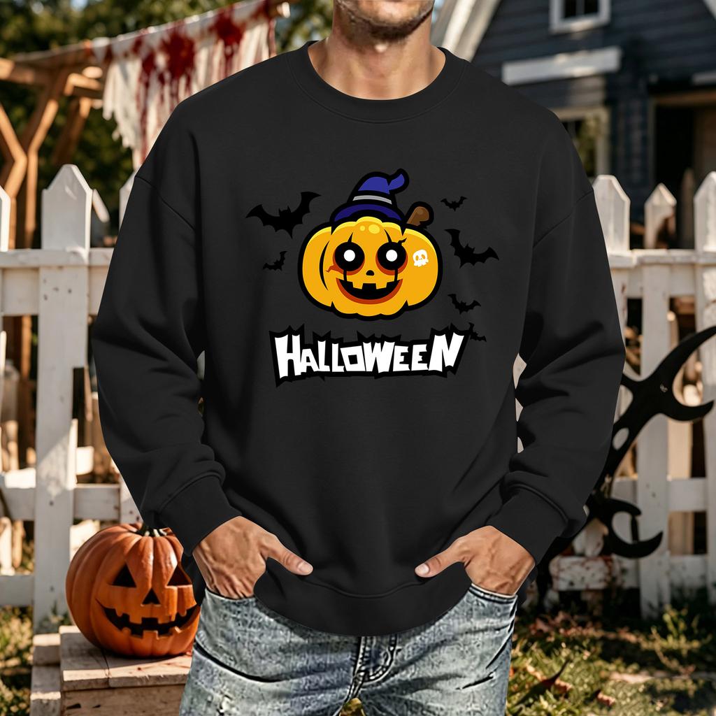 Men's Halloween Printed Long Sleeve T-Shirt Crewneck Casual Sports Top Unisex for Couples
