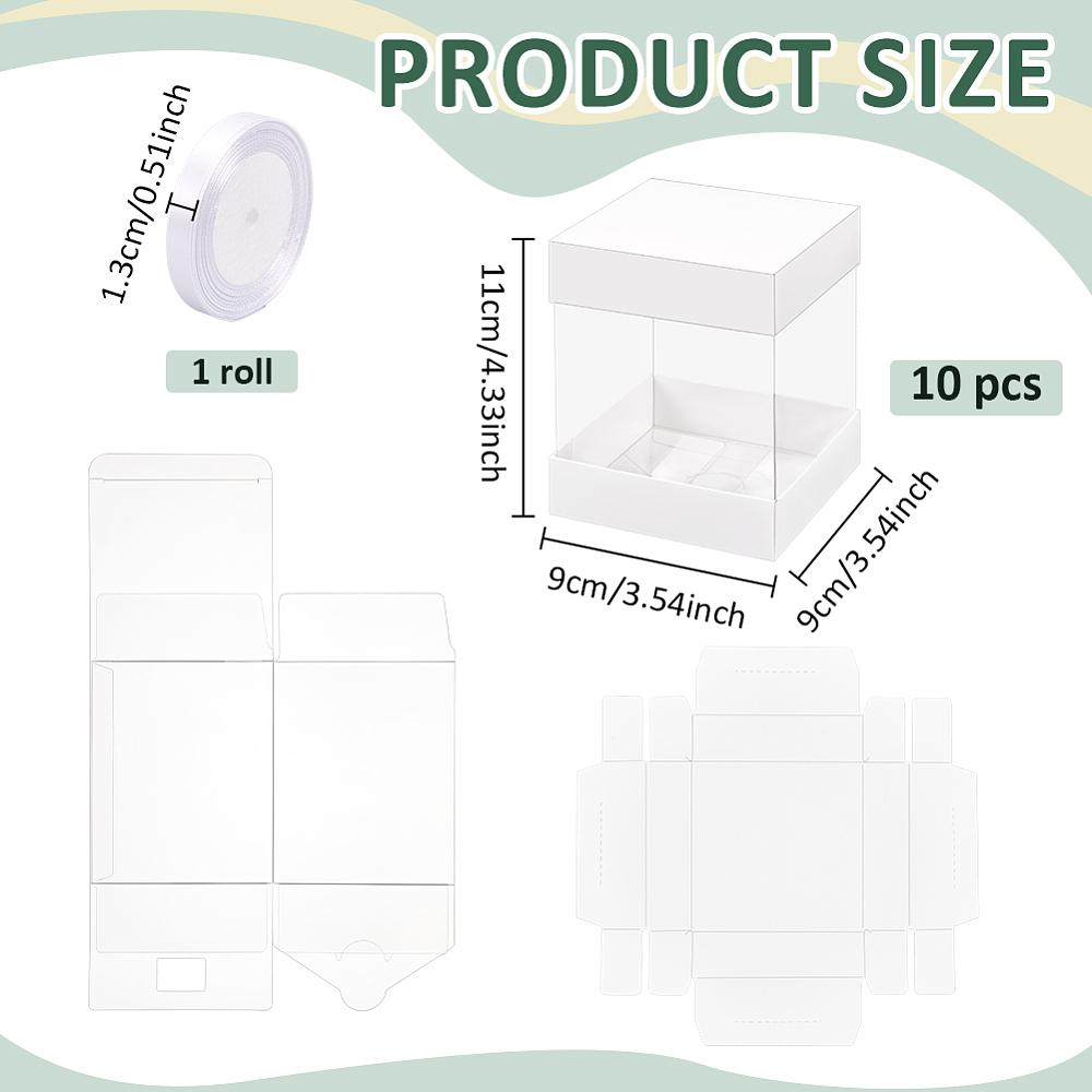 10Pcs Clear PET Gift Storage Boxes with Paper Base Rectangle Gift Packaging Cases with 1 Roll Ribbon White 9x9x11cm