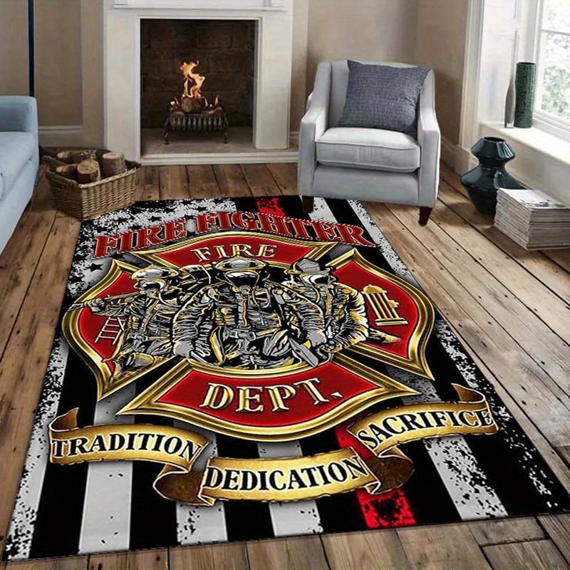 Firefighter Rug: Tradition, Dedication & Sacrifice - Unique Home Decor for Fire Lovers | Fire Department Emblem Carpet