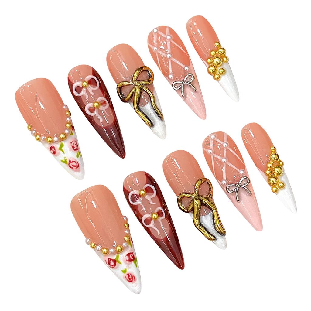Tortoiseshell Press On Nails Long Red With Bowknot Design For Party Wedding