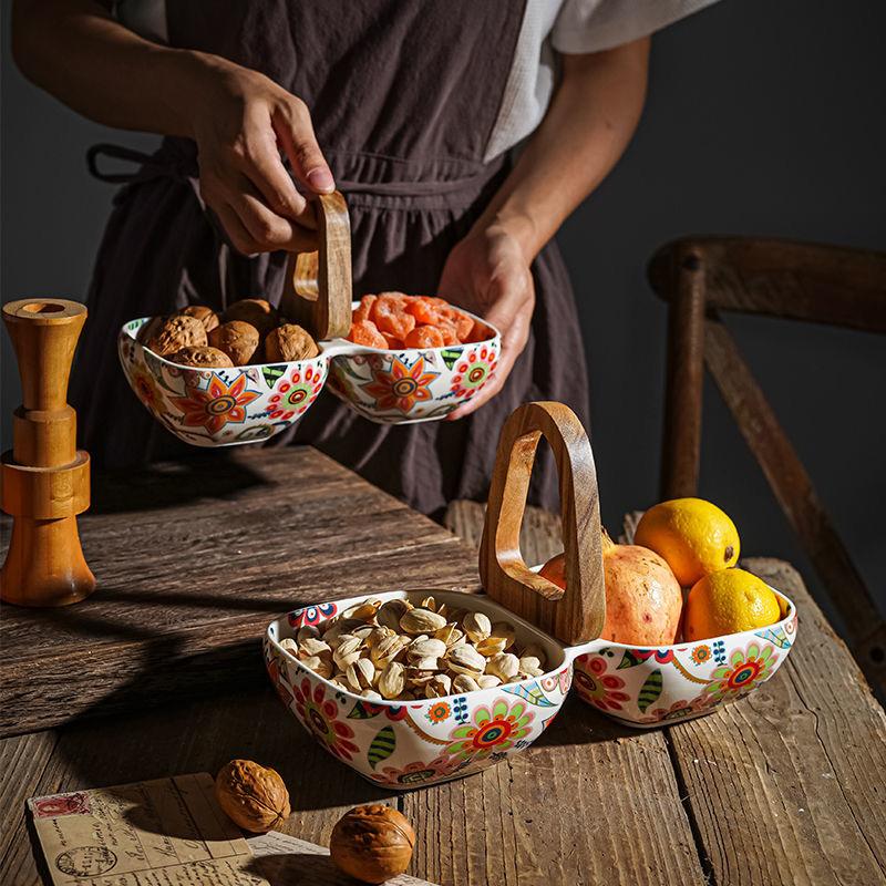 Creative Double Ceramic Fruit Bowl with Handle – Floral Design Snack Serving Tray