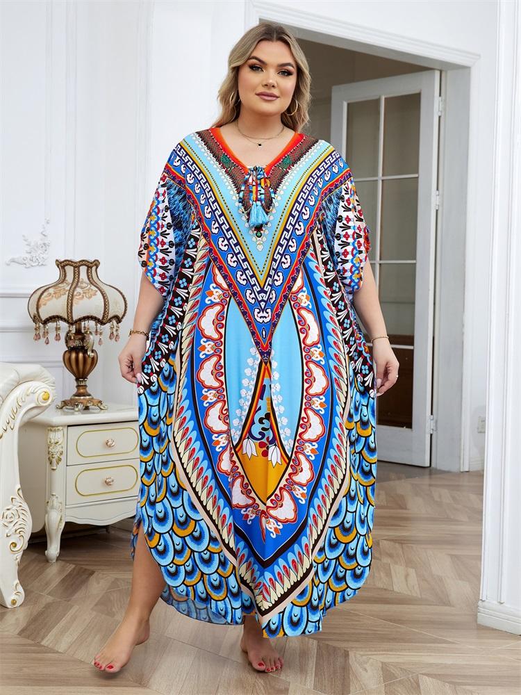 EDOLYNSA 2024 Moroccan Kaftan Bohemian Printed Summer Dress Long