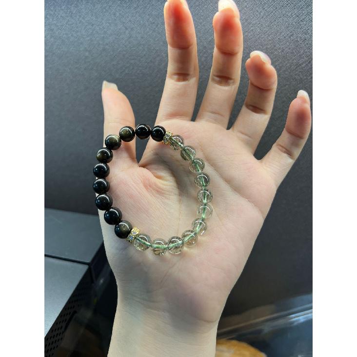 Handmade Natural Rose Quartz Bracelet with Black Obsidian and Strawberry Quartz - Unique Gift