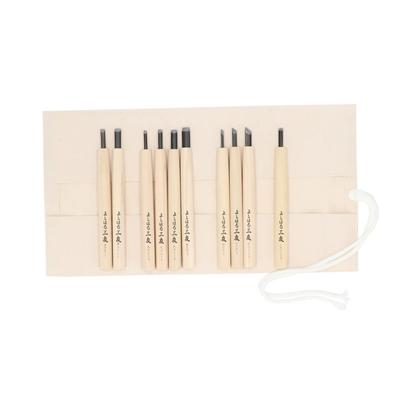 Yoshiharu Cutlery Premium Quality Stal Tsukehaga Yoshiharu Mitomo Zestaw do Rzeźbienia w Płóciennym Etui Noże Wykonywane na Zamówienie, 10-częściowy Zestaw, W-10