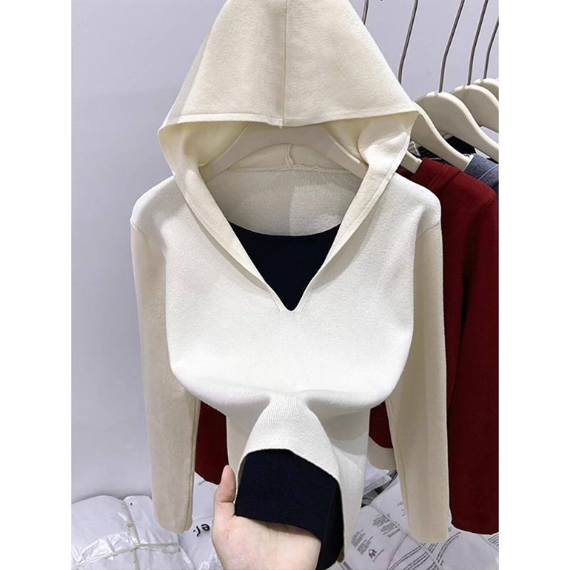 Ny stickad bas-tröja med huva i falsk tvådelad design för dam höst och vinter, smickrande och figurnära kort topp