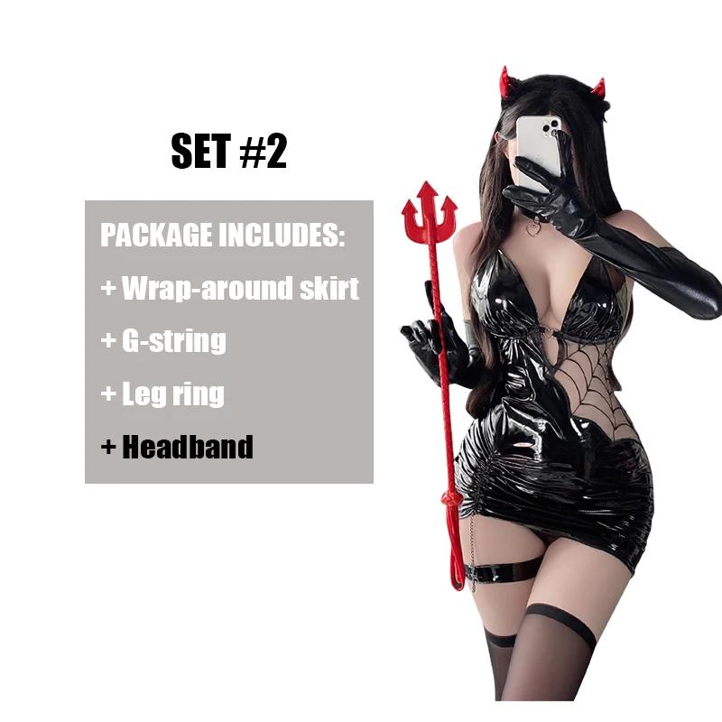 Halloween Costumes Seductive Witch Spider Women Sexy Cosplay Lingerie PU Faux Leather Bodycon Dress Tight Hip Stocking Outfit