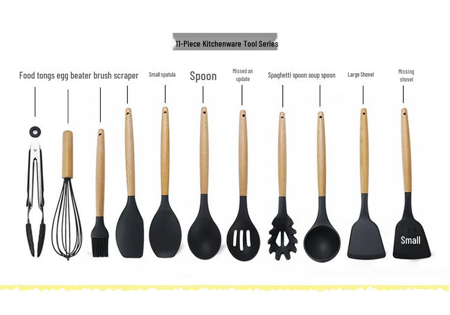 11-Piece Silicone Kitchen Utensil Set with Wooden Handles - Black & Khaki Storage Bucket Included