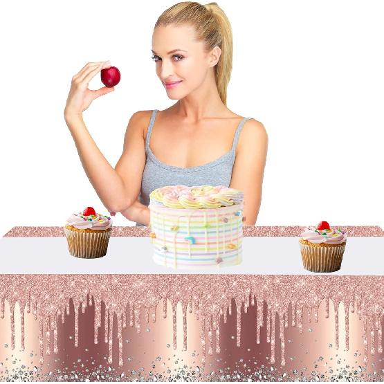 2Pcs Pink Rose Gold Birthday Tablecloth and Table Cover for Girls and Women (71in x 42in)