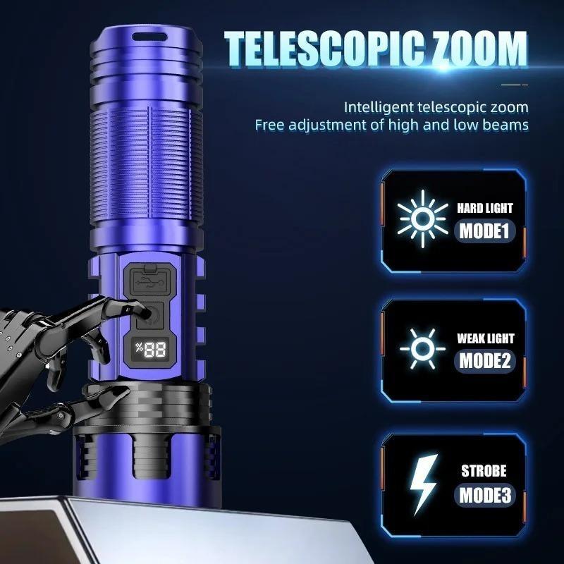 Portable Powerful LED Flashlight with Digital Display COB Side Light Long Range Lamp Zoom Torch Outdoor Lighting