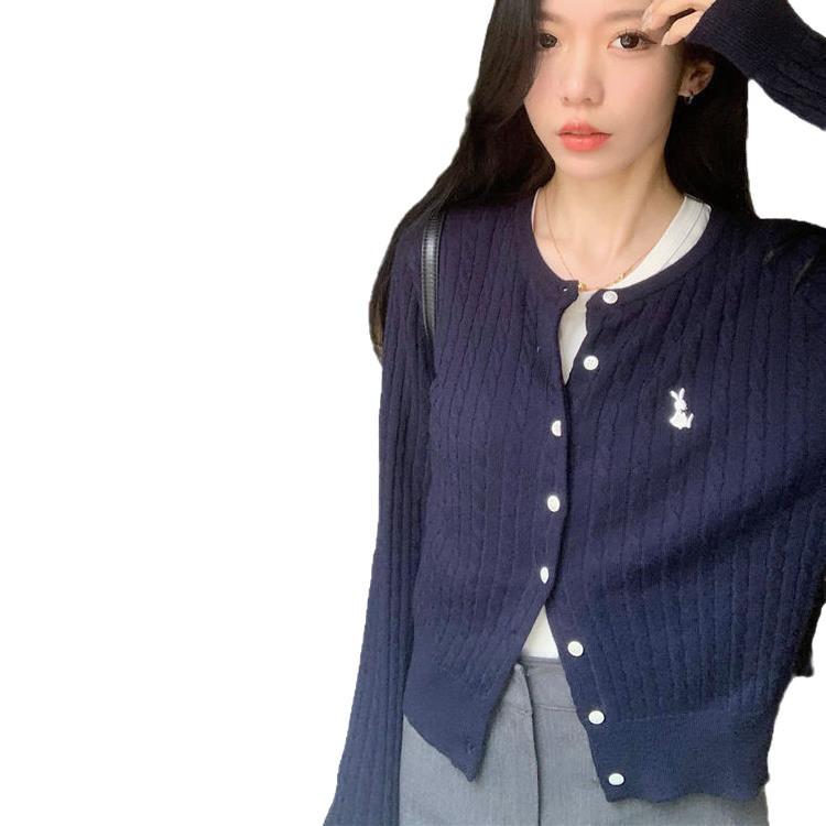 Women's Embroidered Cropped Cable Knit Cardigan - College Style, Round Neck, Slim Fit for Spring and Autumn.