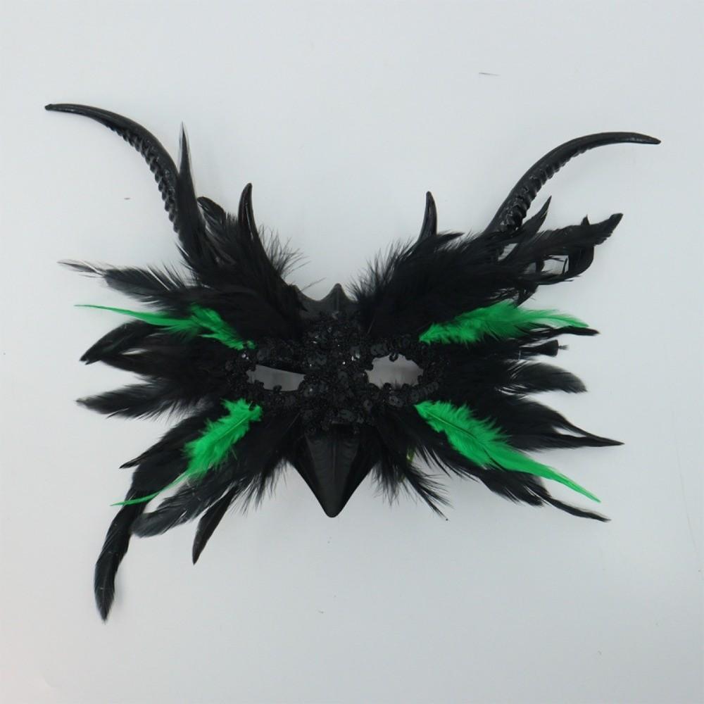 Vintage Style Half-Face Mask Angel Feather Black Feather Masquerade Mask Large Horn Gothic Design Eye Mask Ball Performance