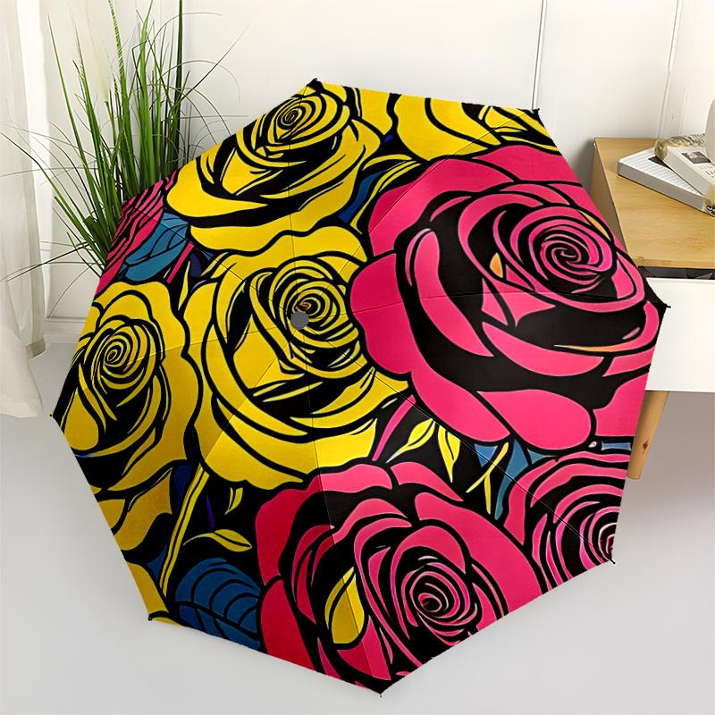 1pc Roses FlowersAutomatic Open/close Umbrella, 8-Rib Sturdy Structure, Portable Travel Umbrella, Parties, Everyday Usec58