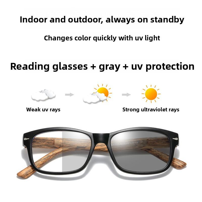 Classic Square Photochromic Multifocal Reading Glasses High-definition Anti-blue Light Vintage Wood-grain Leg Eyeglasses