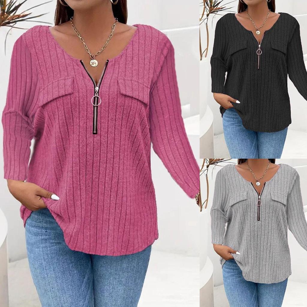 2025 Autumn/Winter European & American Plus Size Zipper Ribbed Long-Sleeve Women's Top