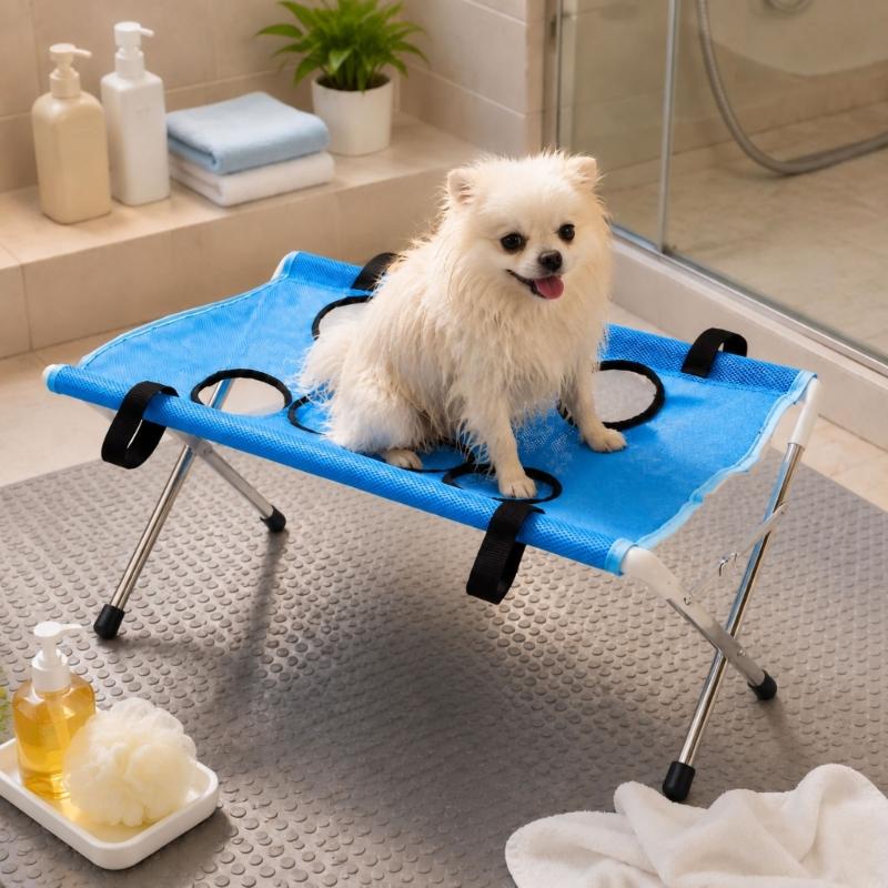Mesh Dog Bath Bed Grooming Hammock Stand for Routine Coat Care, with Fabric Edges Holes and a Detachable Rustless Steel Frame