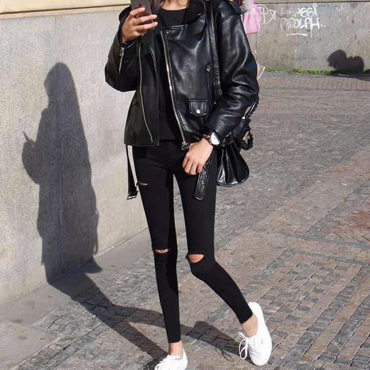 Twillové zeštíhlující černé tužkové kalhoty pro ženy - Jarní a podzimní roztrhaný styl