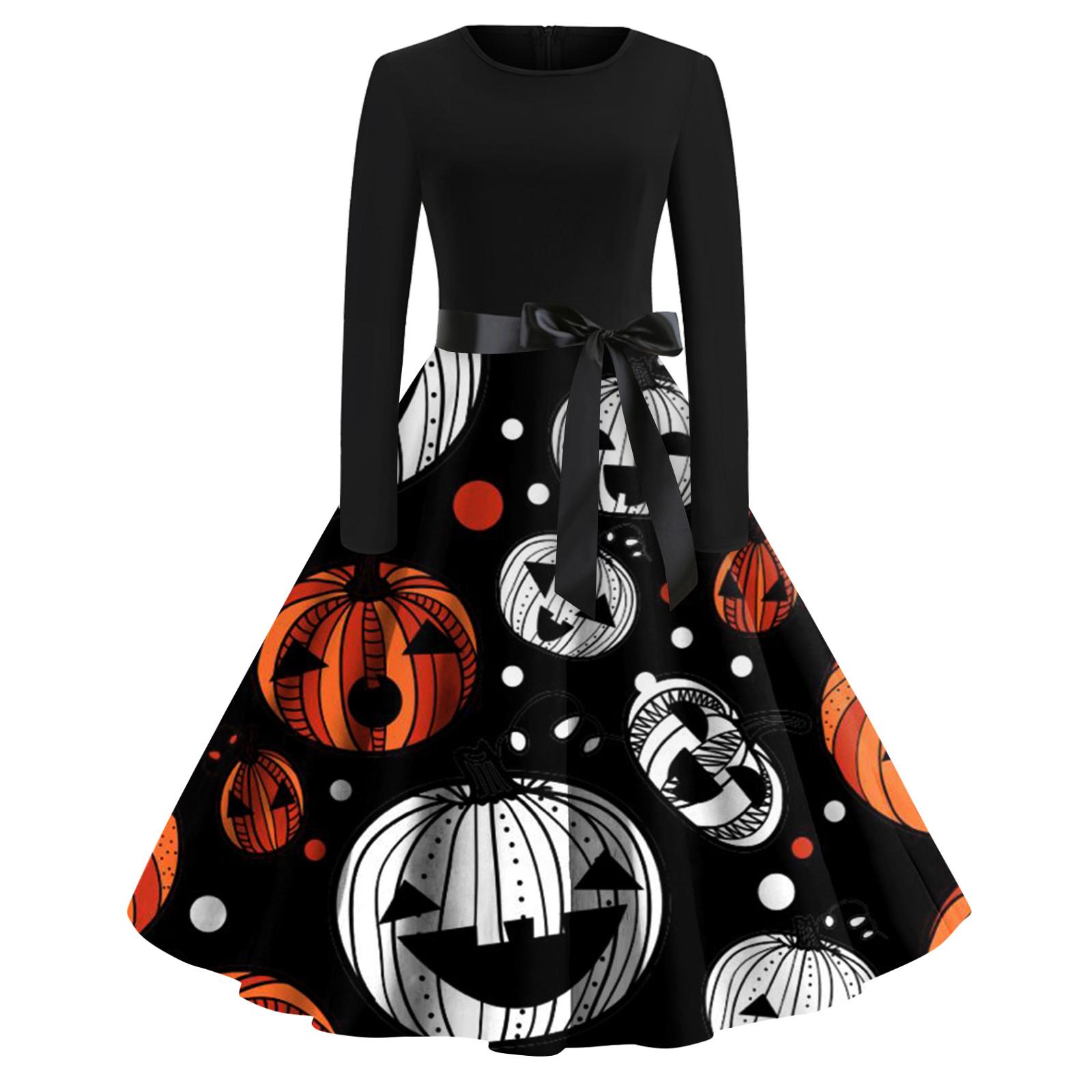 

Женское расклешенное платье с принтом на Хэллоуин для женщин, платье с длинным рукавом, вечерние повседневные платья S белый