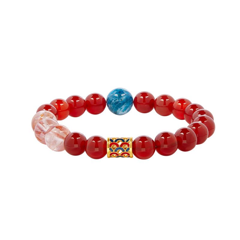 999 Sterling Silver Red Agate and Blue Apatite Bead Bracelet with Crystal Flower - Women's New Year Gift, Chinese Style