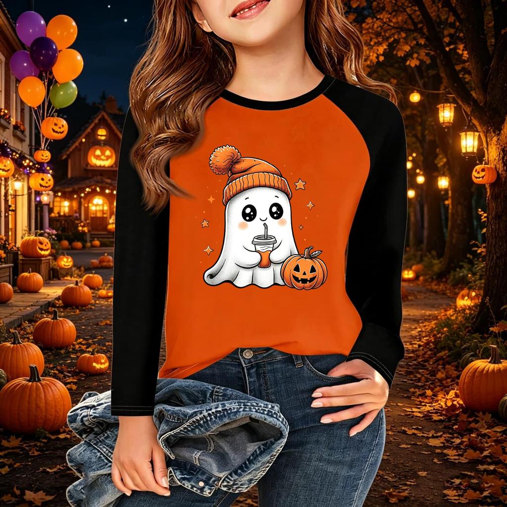 Camiseta Infantil com Estampa de Halloween Manga Longa Casual Gola Redonda para Festa e Uso Diário