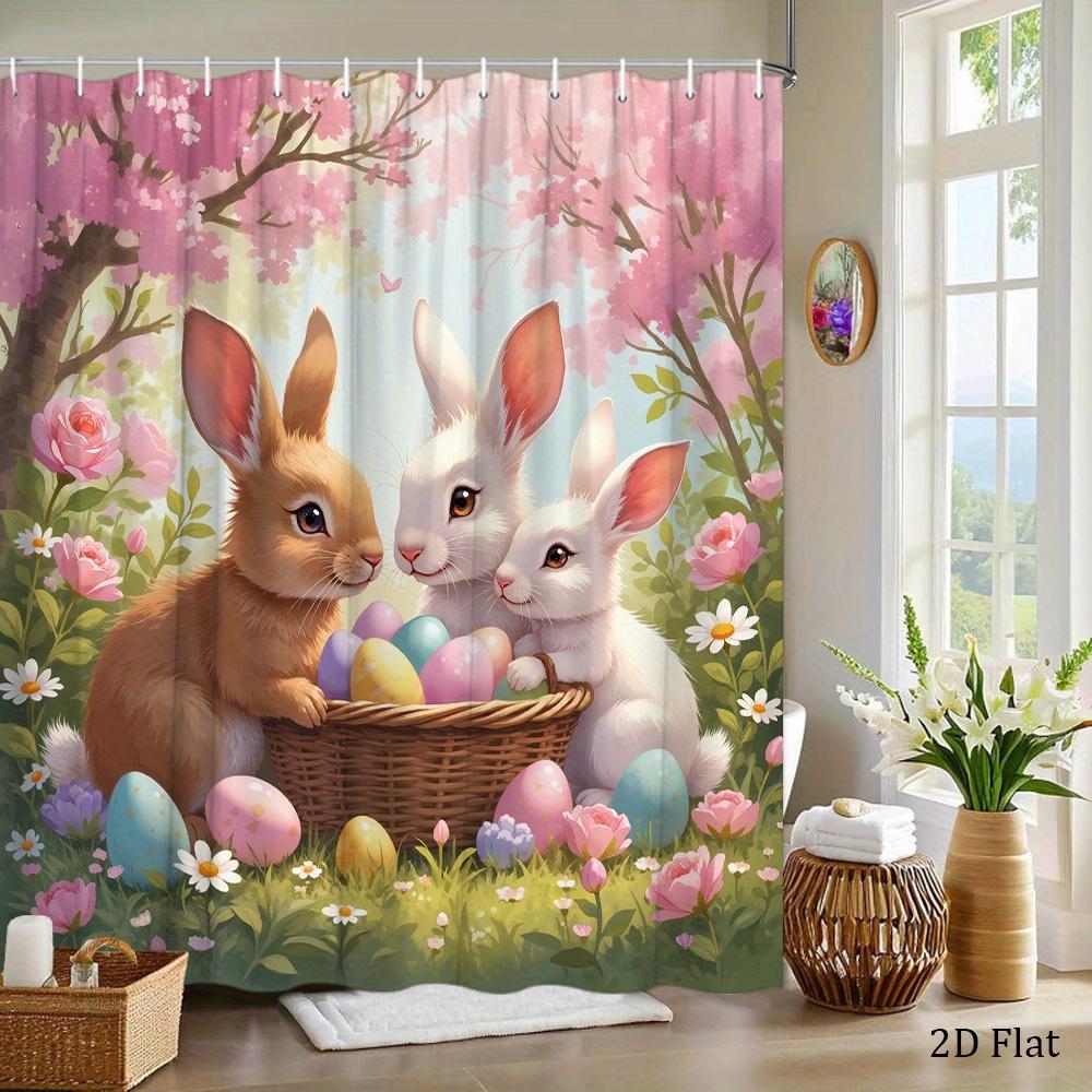 Easter Bunny Shower Curtain Machine Washable All Season Waterproof Privacy Protection Spring Design Cuteenhancespatialaesthetics