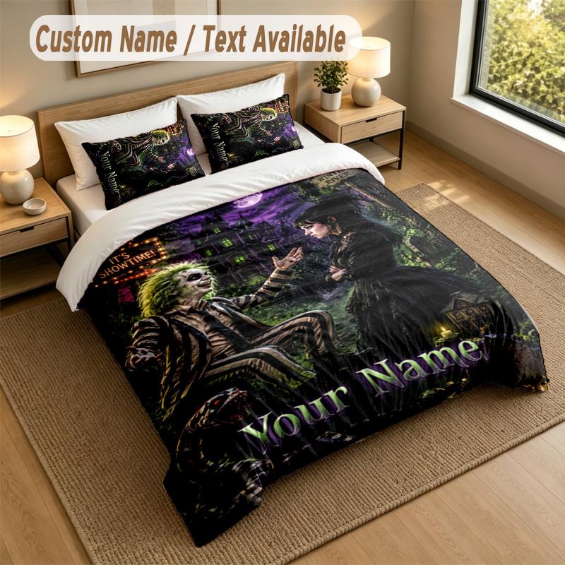 3Pcs Bedding Set Custom Name Text, 1 Sheet 2 Pillowcases Home Bed DecorBeetlejuice Lydia Deetz