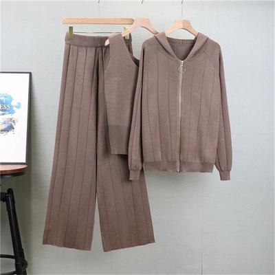 Herbst- und Winter-Strickset Damen Lässige Mode Reißverschlussmantel Tanktop Weite Hosen 3-teiliges Set