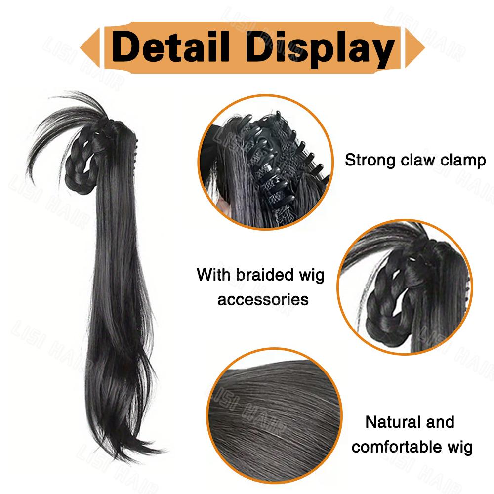 LISI HAIR Synthetische lange gewellte Klaue mit geflochtenen Pferdeschwanzverlängerungen, Perückenzubehör, Perücke für den täglichen Gebrauch von Frauen