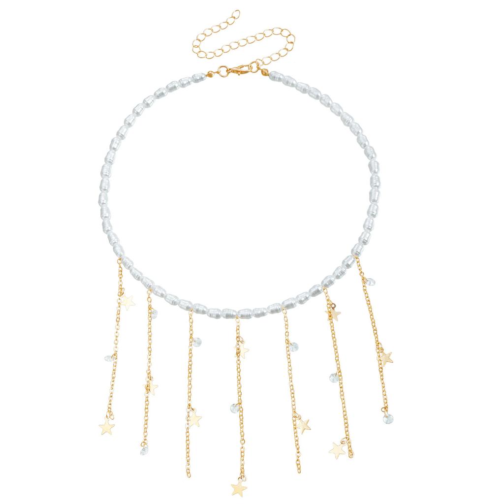 Accessories Baroque Imitation Pearl Long Fringed Collarbone Chain Pentagram Love Necklace Female